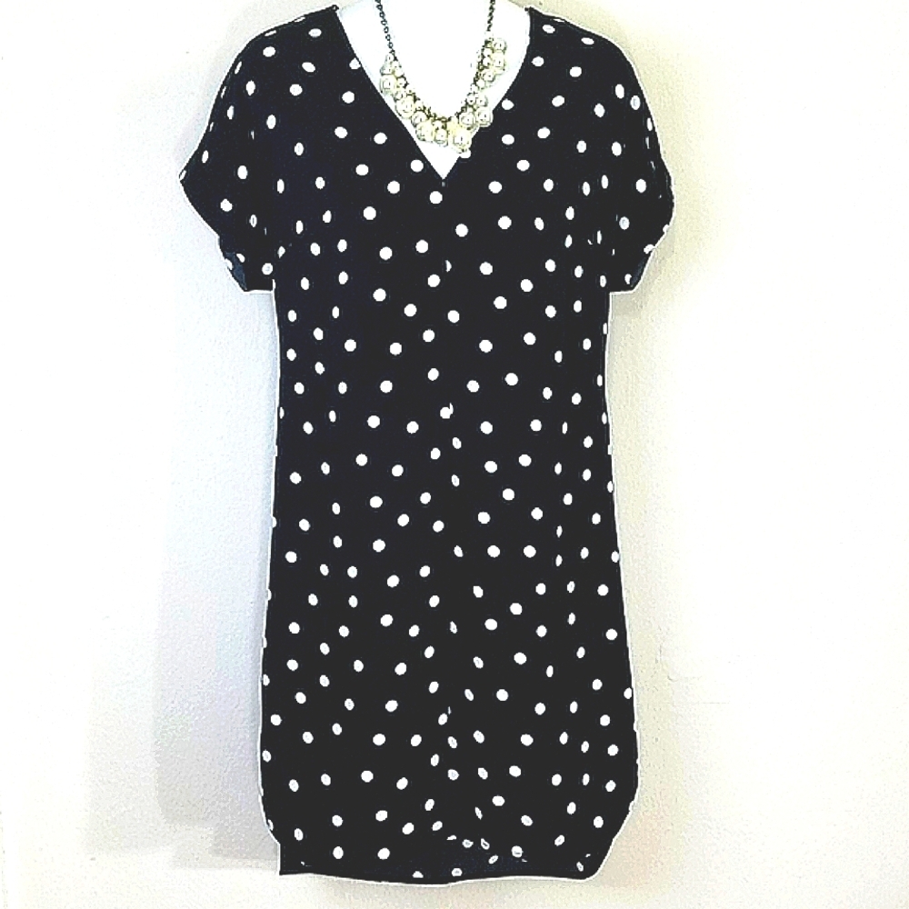 Shirt Dress polka dot MIDI shark bite black white Small EUC